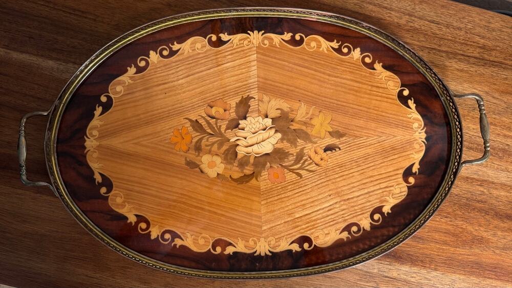 Vintage Italian Sorrento Marquetry Serving Tray – Floral Inlay & Brass Gallery